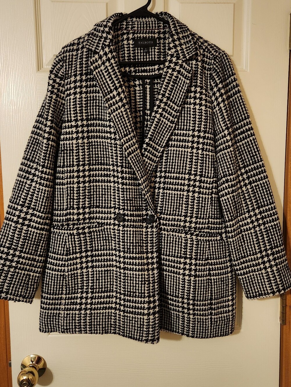 Talbots Tweed Houndstooth Wool Blend Black White Blazer Size 12 Jacket Classic
